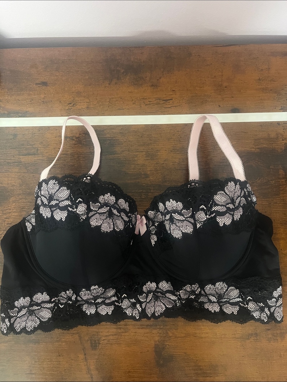 Adore Me Black Bra with Pink Floral Lace Longline 38C